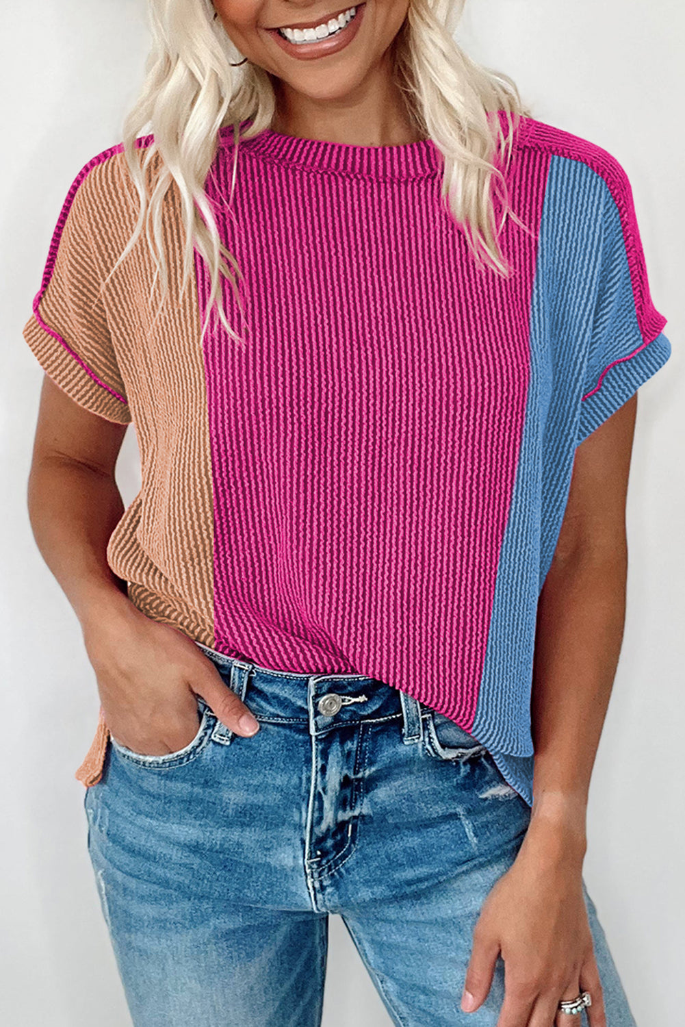 Pink Textured Colorblock Round Neck T Shirt