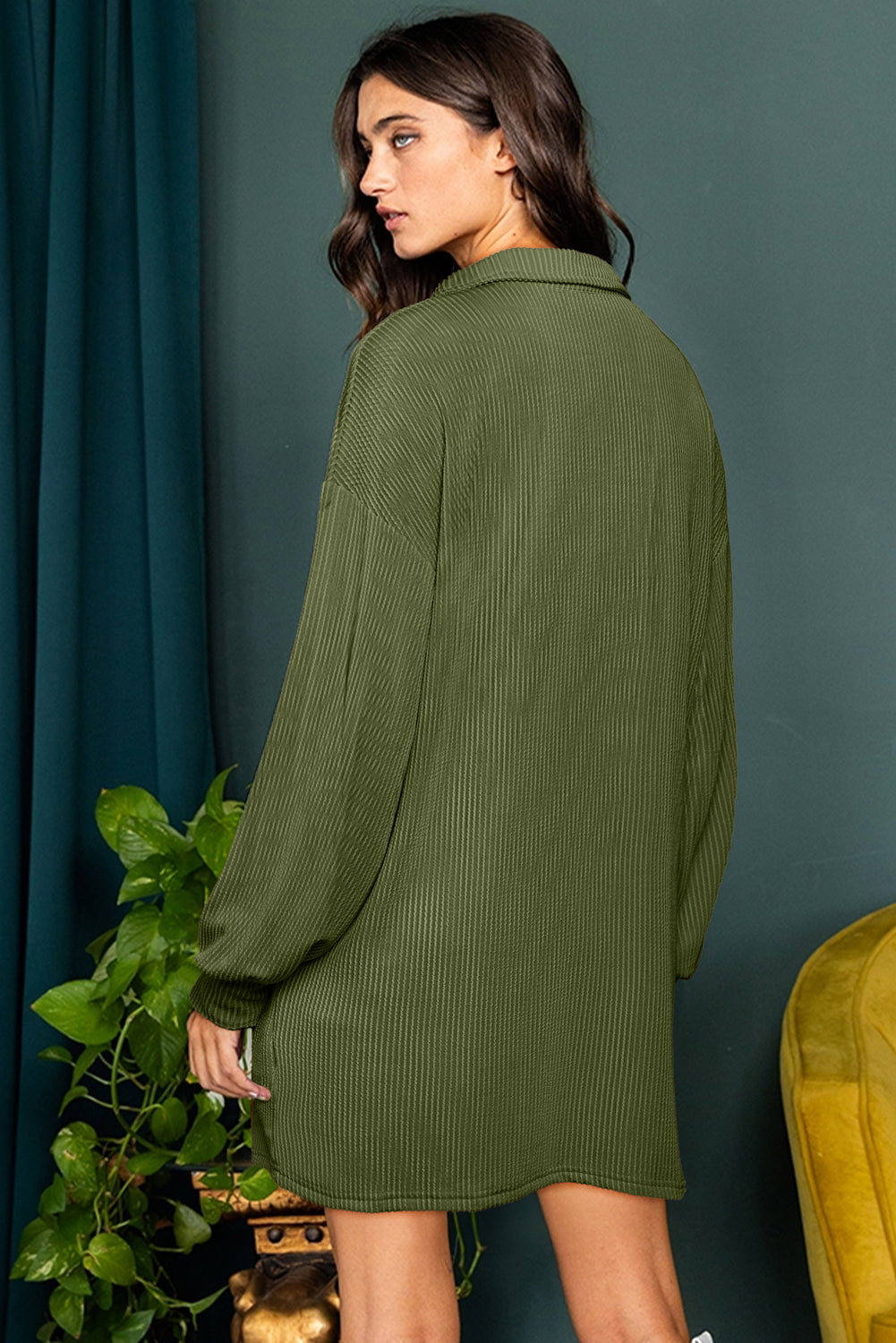 Moss Green Corded Buttons Placket Collared Shift Dress