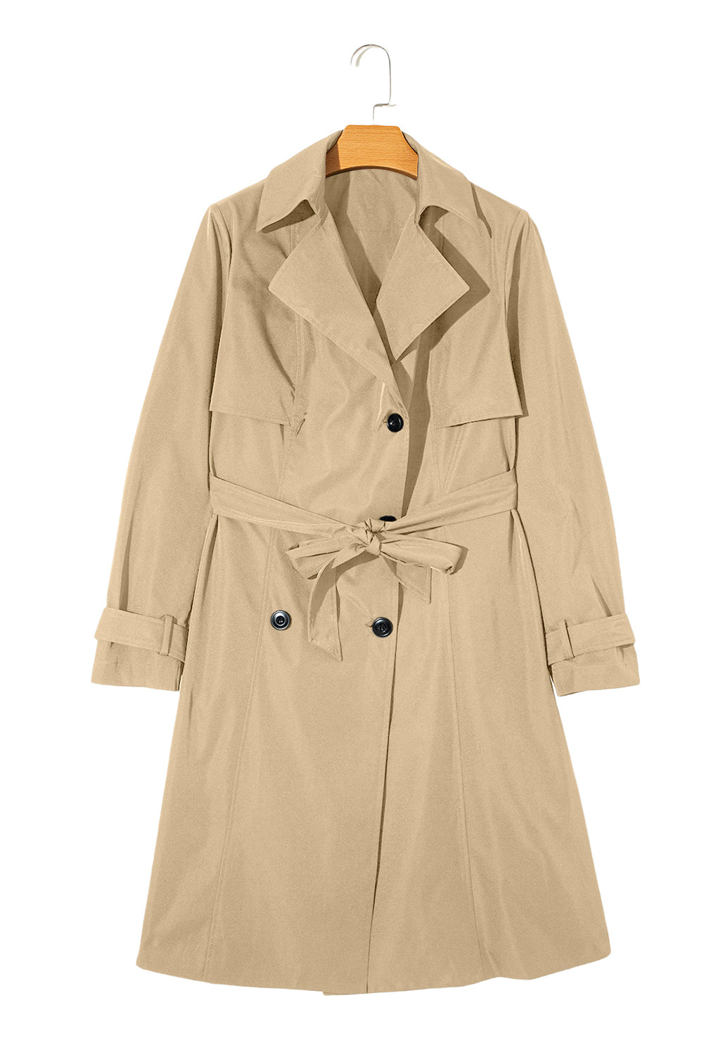 Pale Khaki Solid Color Lapel Collar Pocket Wind Coat