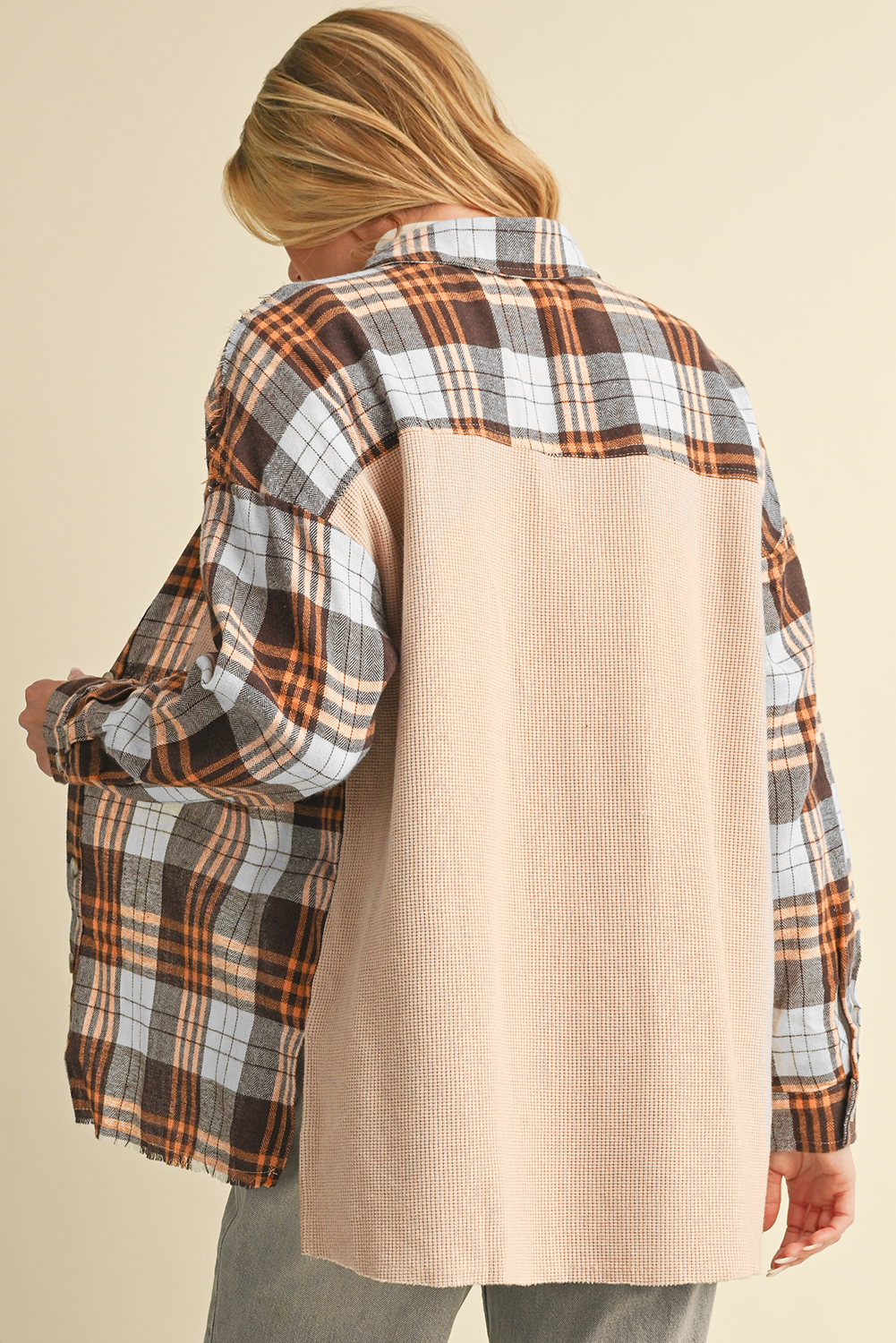 Khaki Plaid Knit Patchwork Chest Pocket Shacket