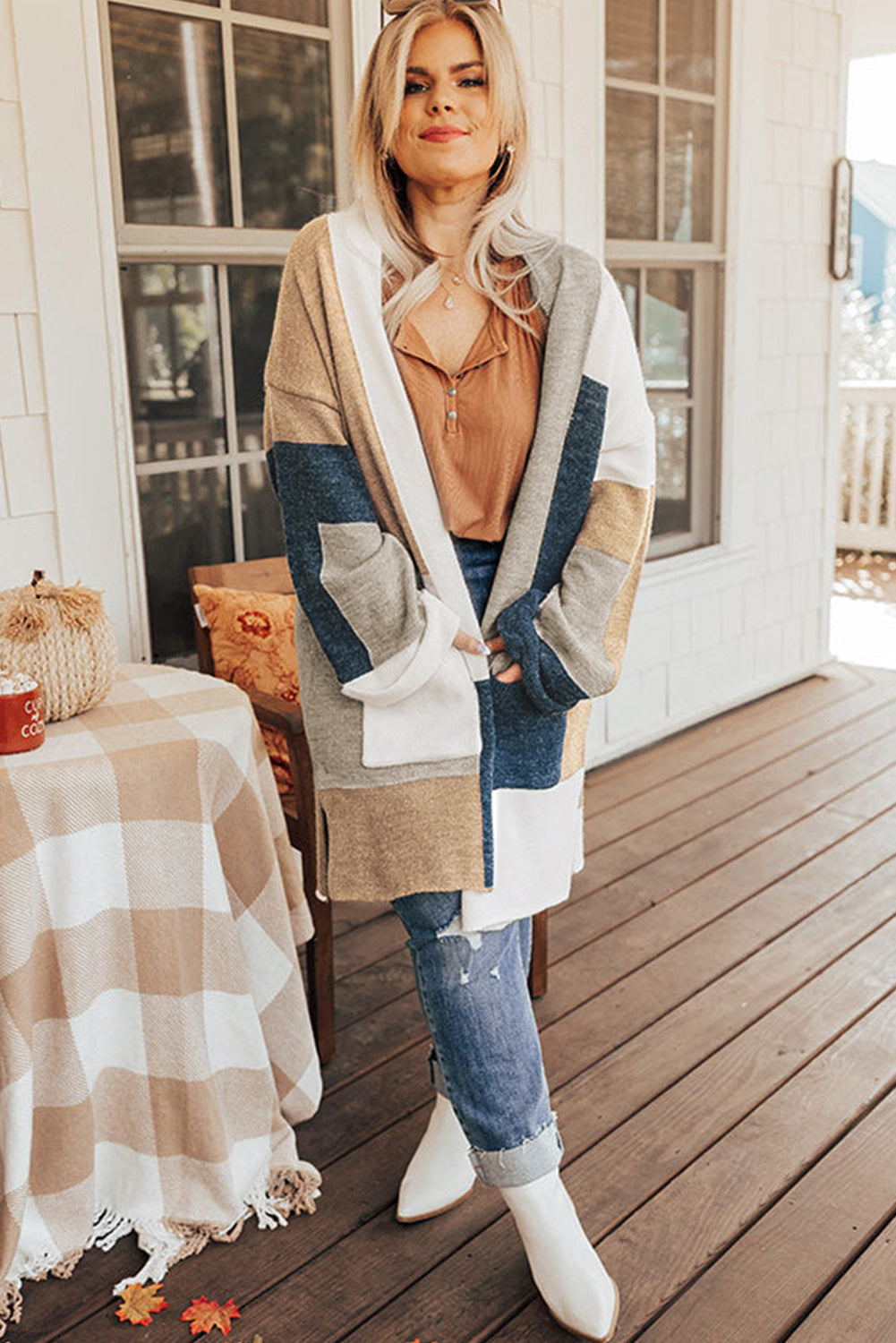 Multicolor Plus Size Colorblock Knit Cardigan