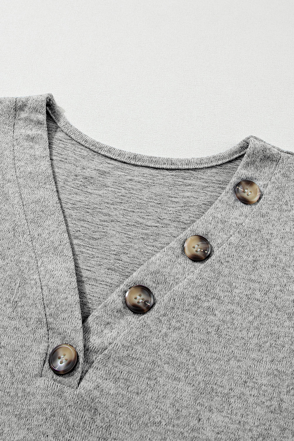 Light Grey Button Detail V Neck Ribbed Bishop Sleeve Top