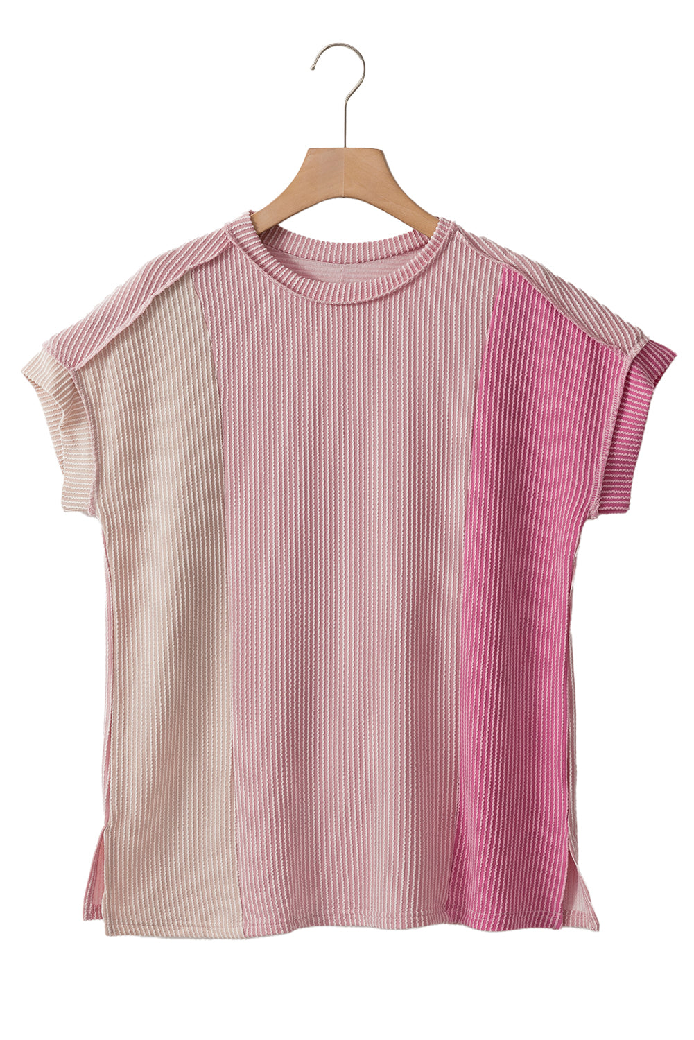 Pink Textured Colorblock Round Neck T Shirt