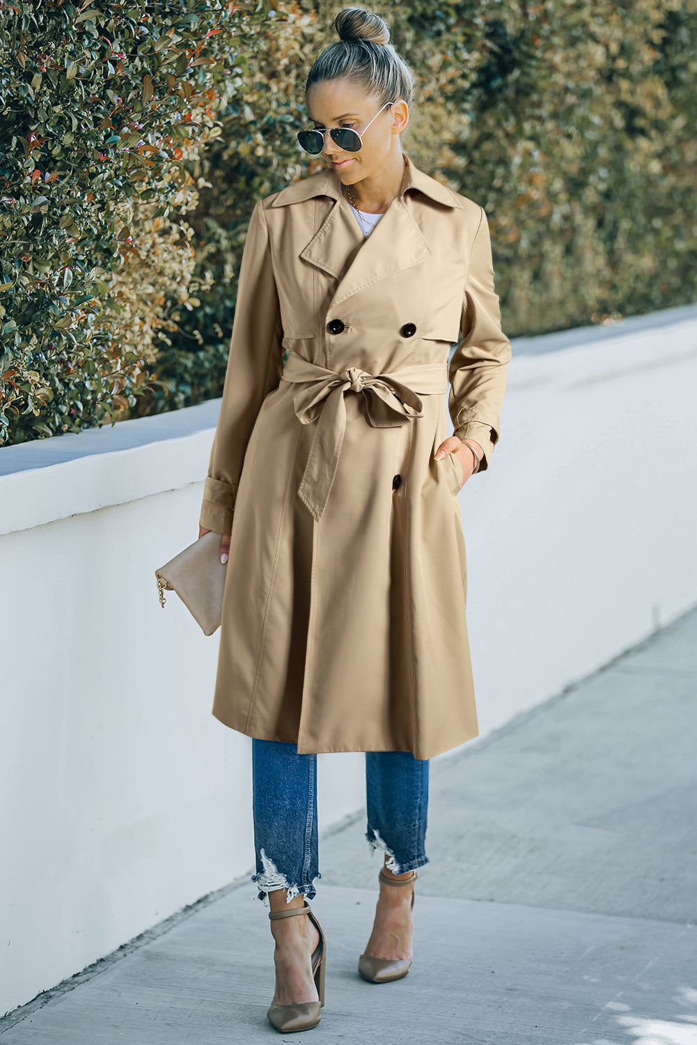 Pale Khaki Solid Color Lapel Collar Pocket Wind Coat