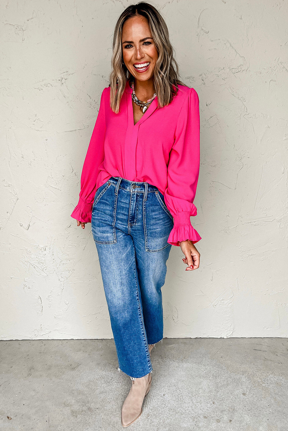 Straw Yellow Solid Shirred Cuff Notch V Neck Blouse