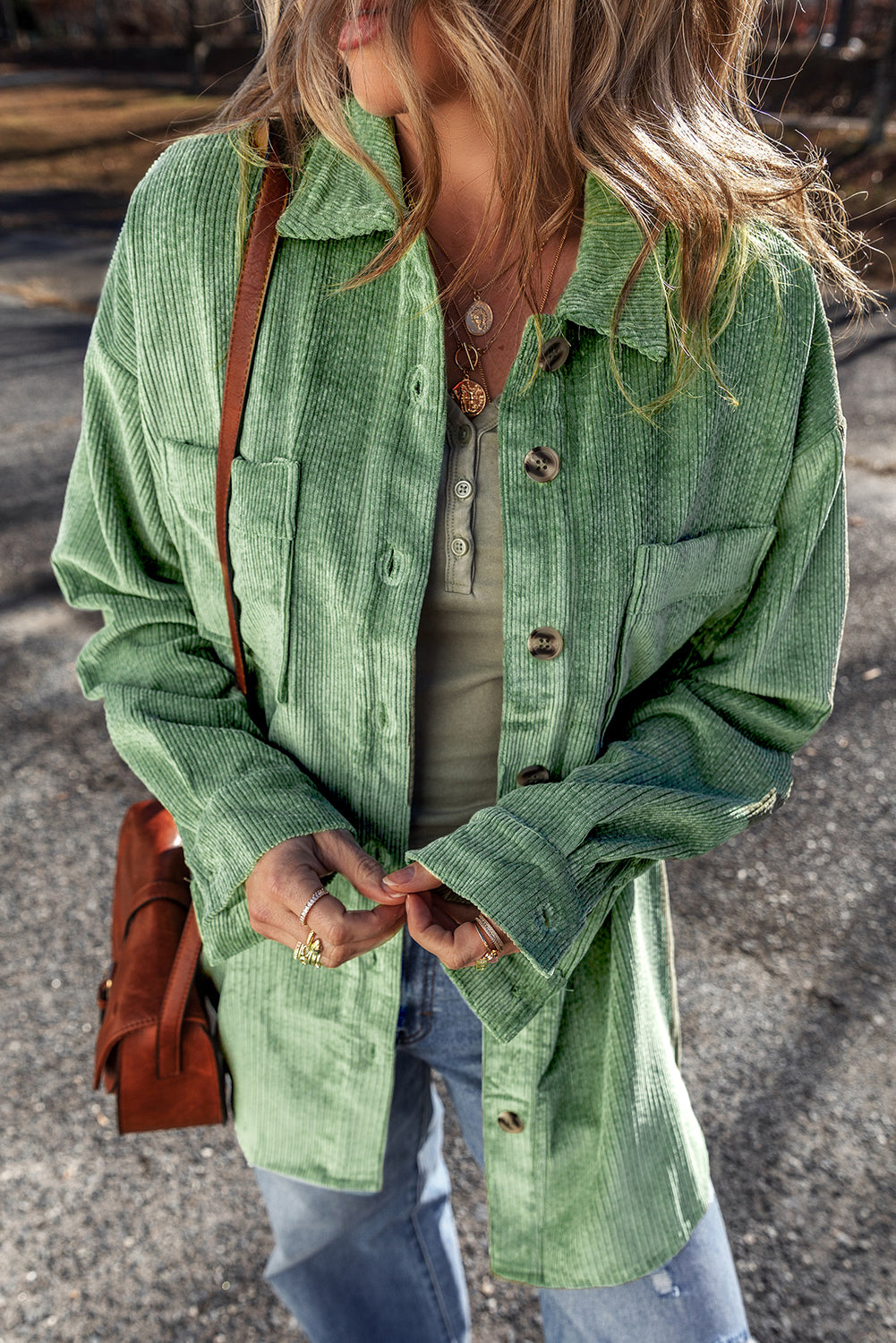 Light French Beige Patched Pocket Button-Up Corduroy Shacket