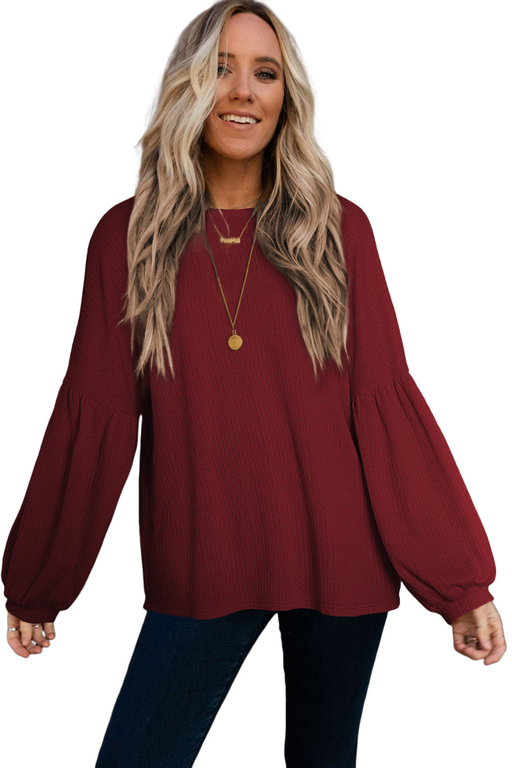 Brown Solid Color Textured Pullover Casual Long Sleeve Top