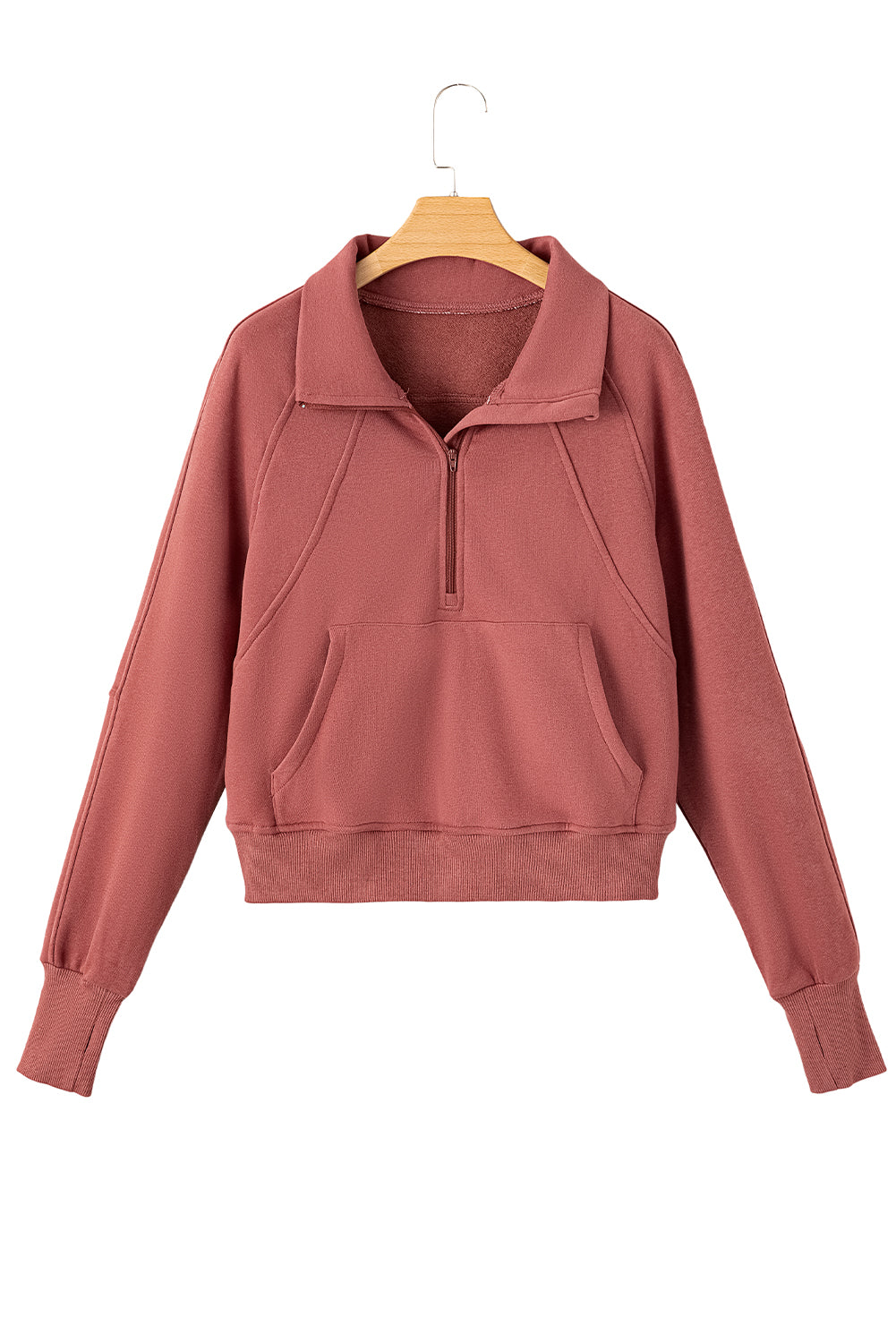 Brown Zip Up Stand Collar Thumbhole Sleeve Sweatshirt