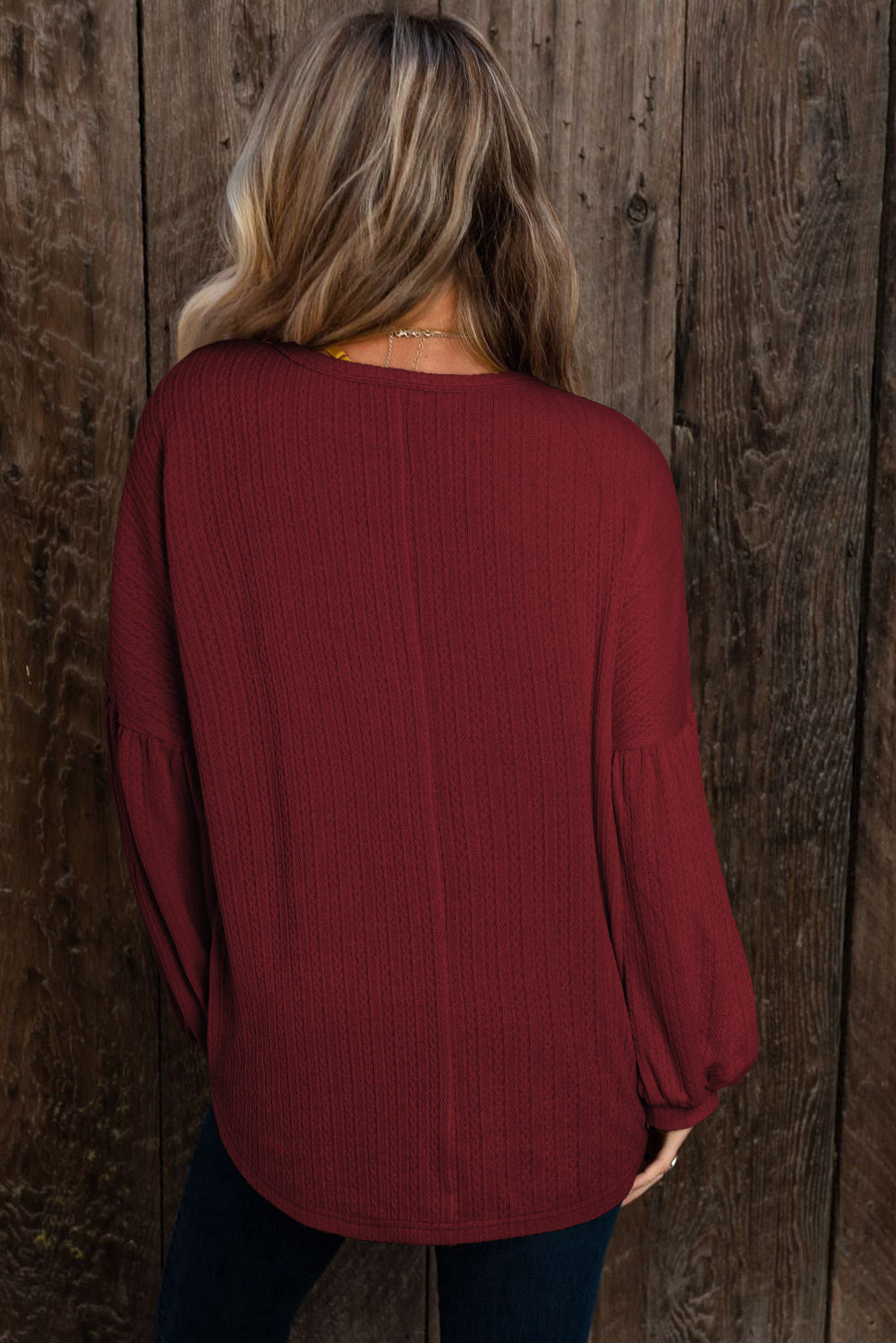 Brown Solid Color Textured Pullover Casual Long Sleeve Top