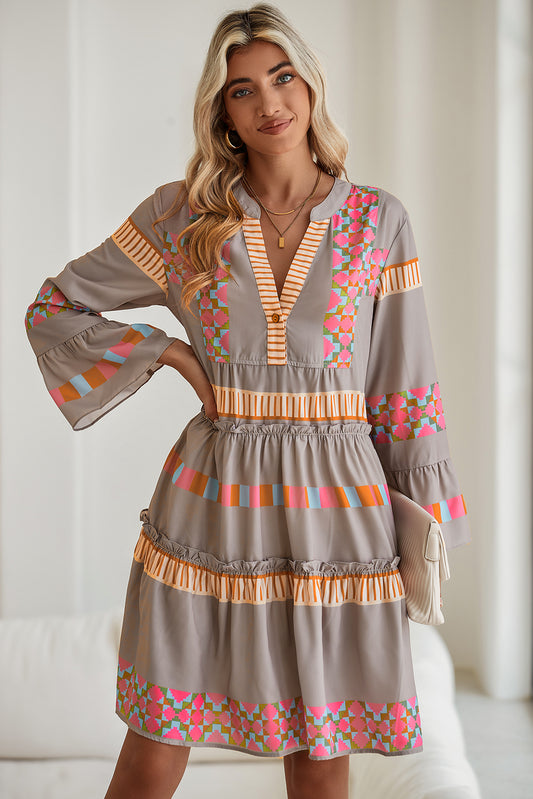 Simply Taupe Ethnic Geometric Print Ruffle Mini Dress