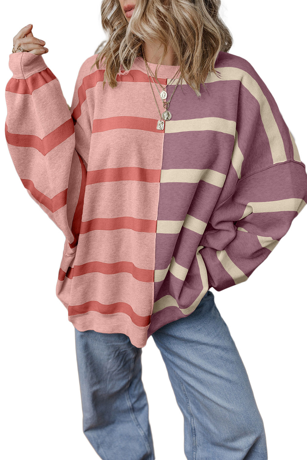 Khaki Stripe Exposed Seam Loose Sweatshirts