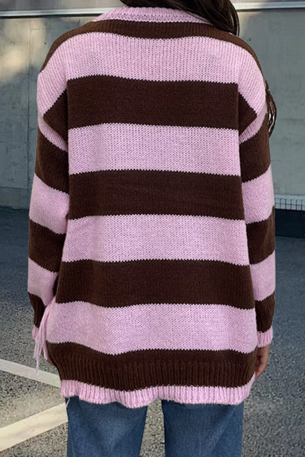 Pink Colorblock Fringe Detail Knit Sweater