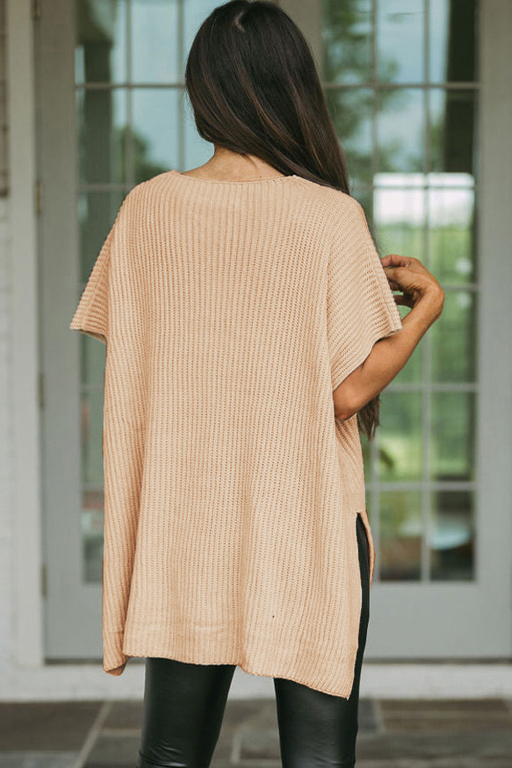 Apricot Side Slit Short Sleeve Oversized Sweater