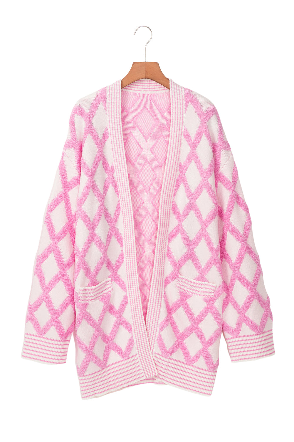 Pink Checkered Pockets Open Front Cardigan