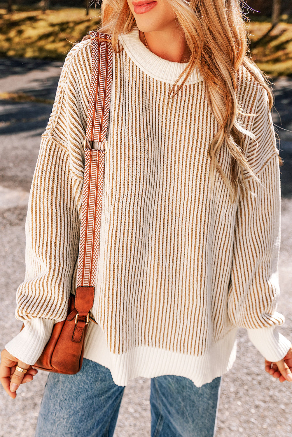 Chestnut Striped Contrast Trim Loose Sweater