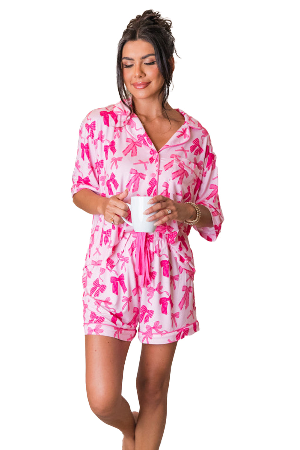 Pink Sweet Bow Print Shirt and Shorts Pajama Set