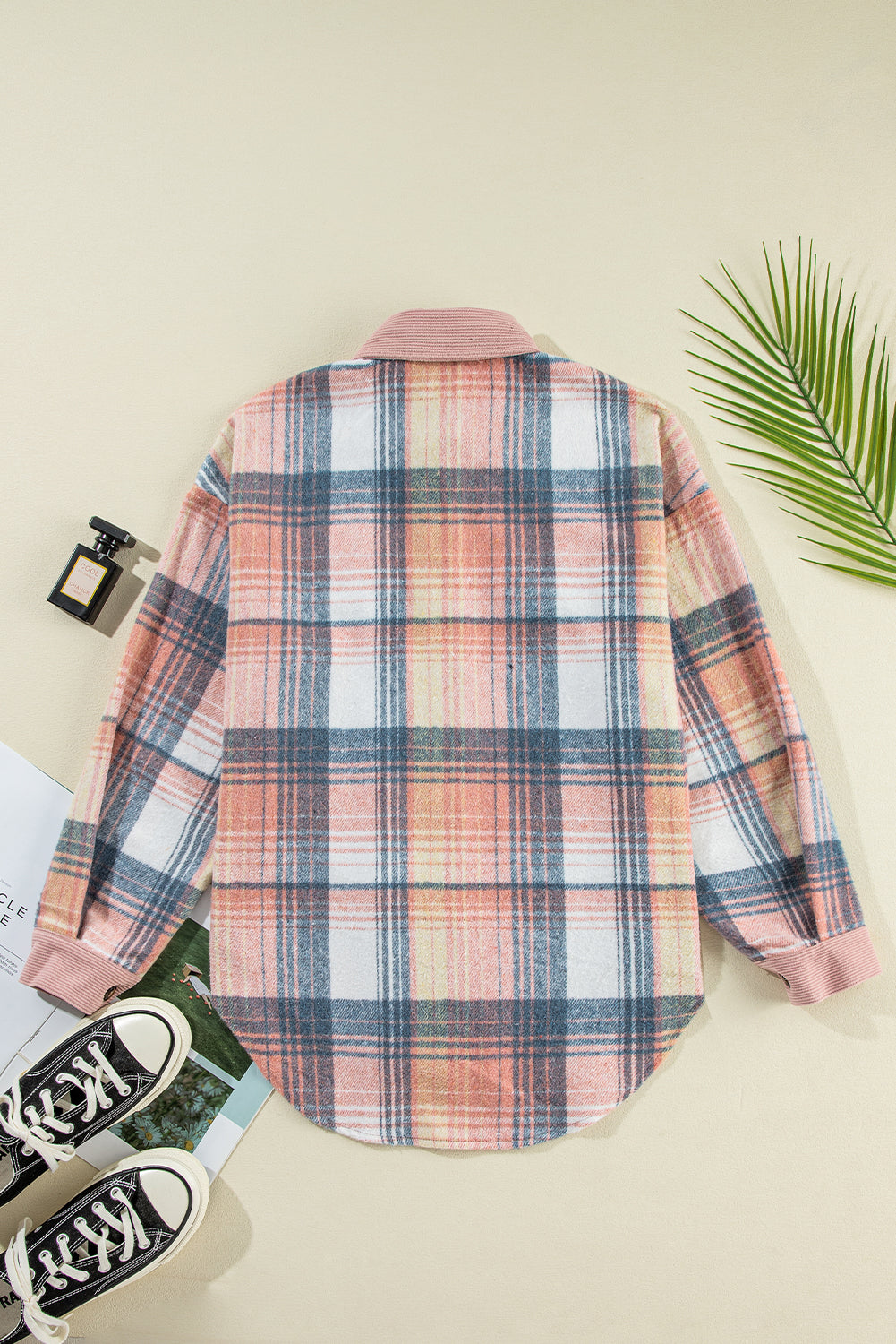 Cinnamon Plaid Corduroy Patchwork Pocket Loose Shacket