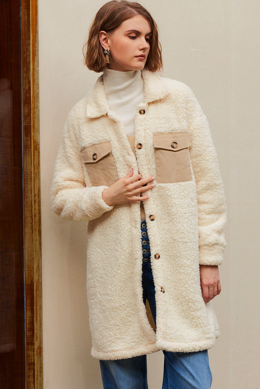 Beige Contrast Flap Pocket Single Breasted Teddy Coat