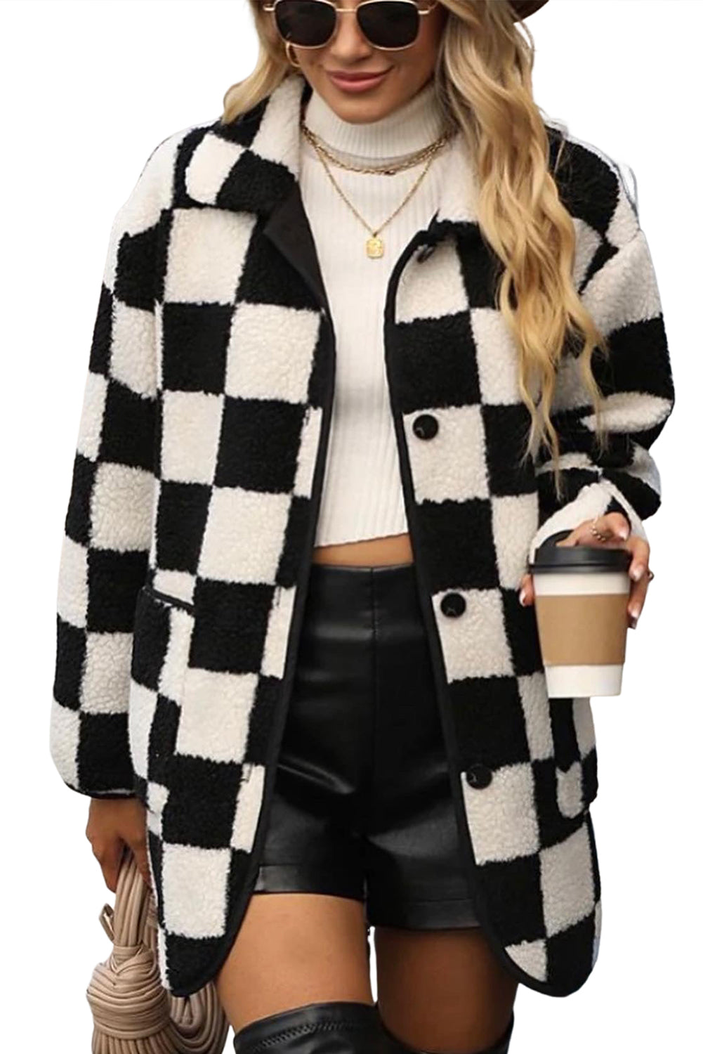 Black Checkered Side Pockets Collared Buttoned Fleece Jacket