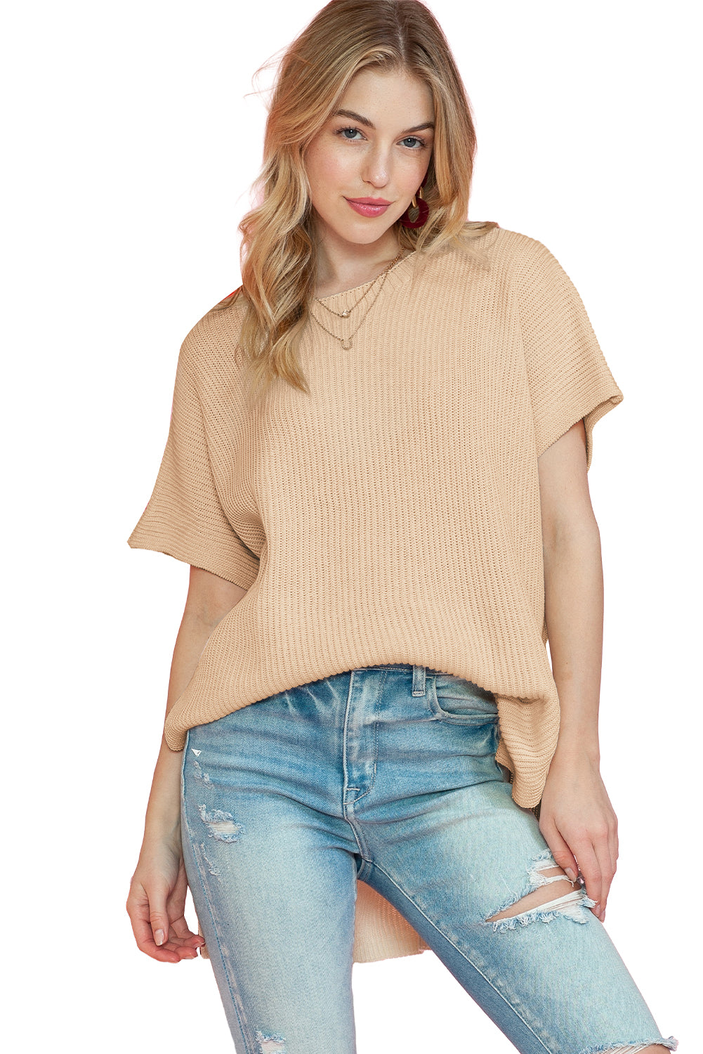 Apricot Side Slit Short Sleeve Oversized Sweater