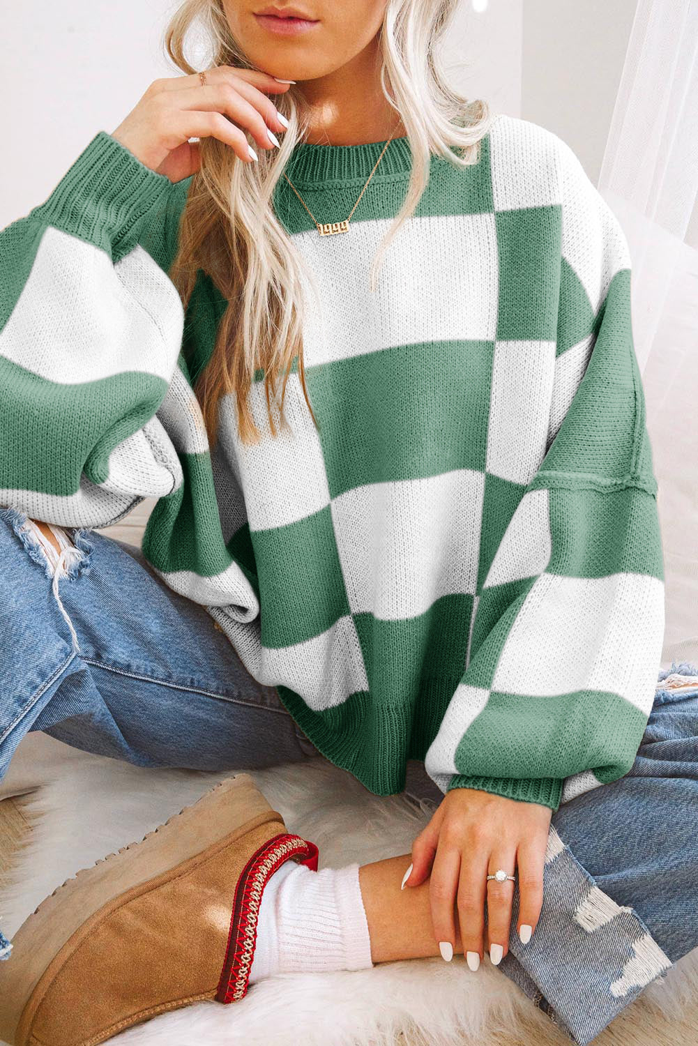 Khaki Plaid Bishop Sleeve Pullover Sweater