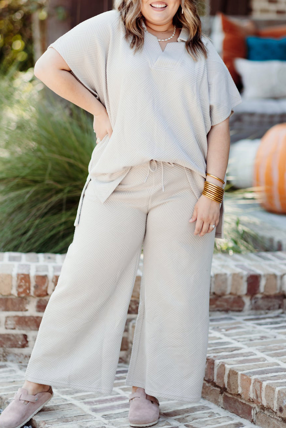 Beige Plus Size Textured Collared Top and Drawstring Pants Set