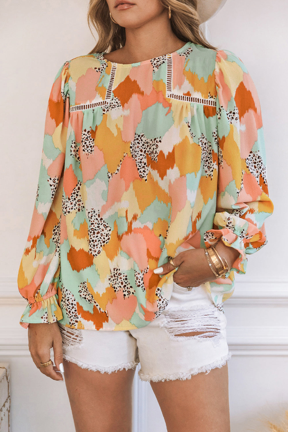 Multicolor Abstract Print Boho Frill Long Sleeve Blouse