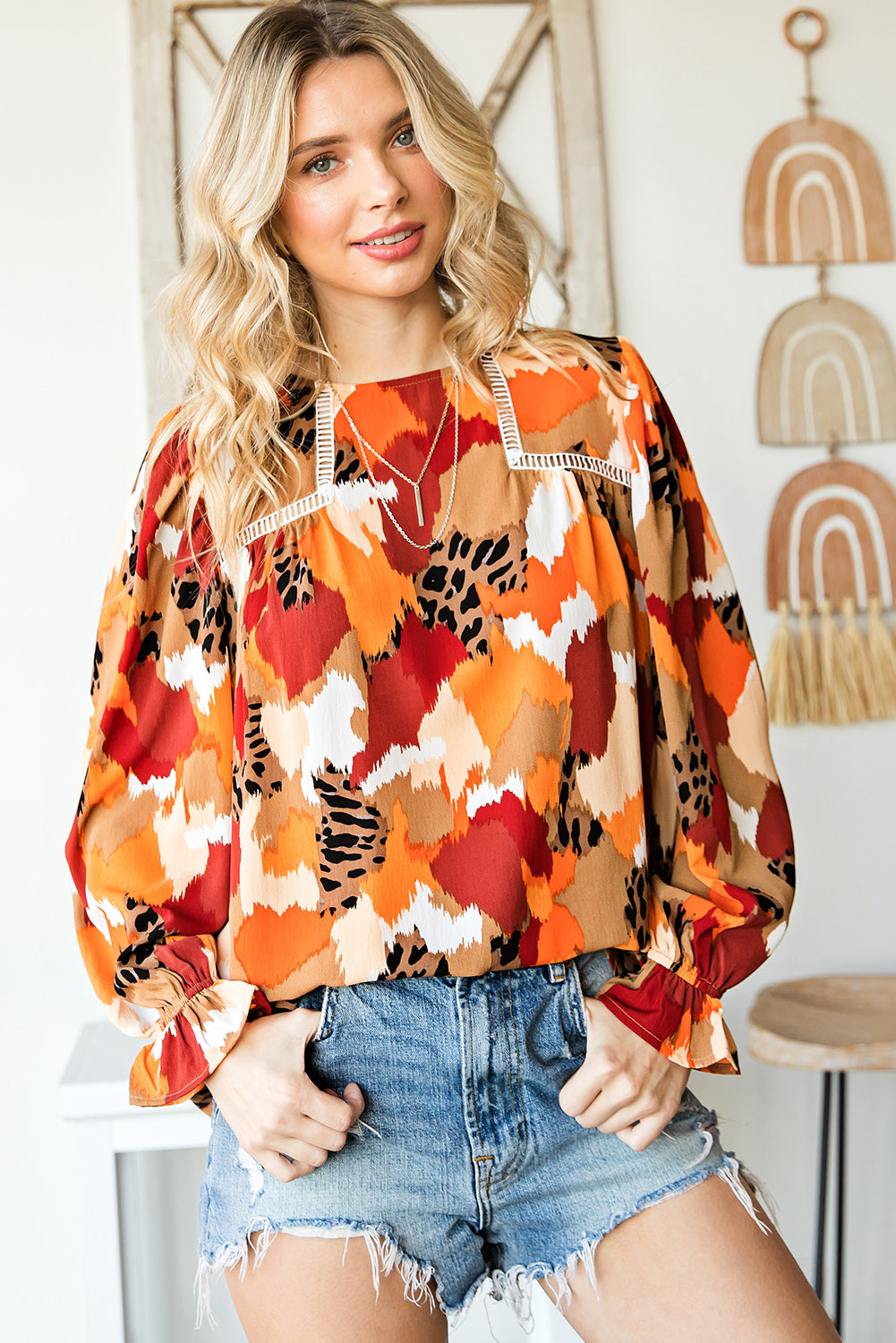 Multicolor Abstract Print Boho Frill Long Sleeve Blouse