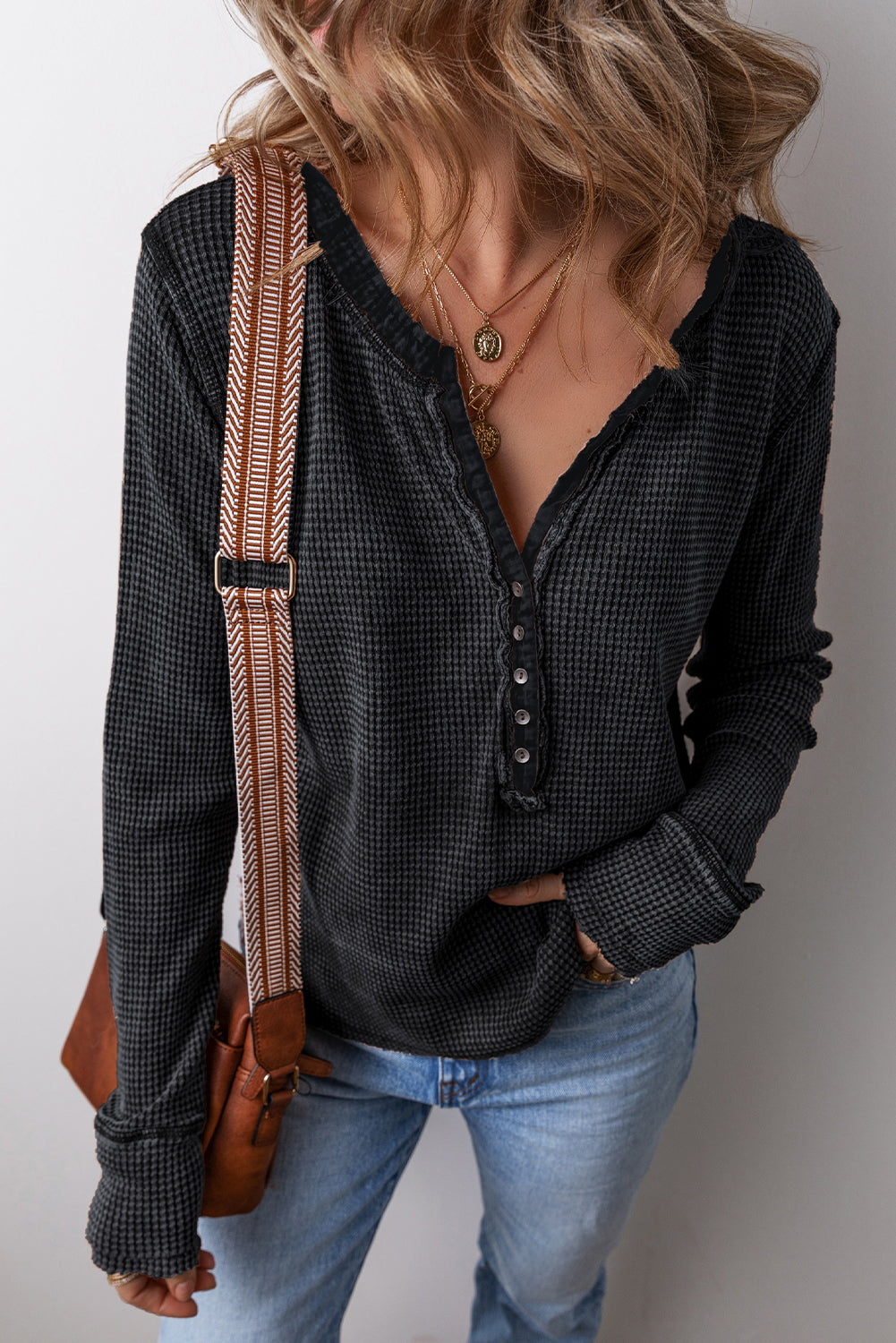 Black Button V Neck Waffle Henley Top