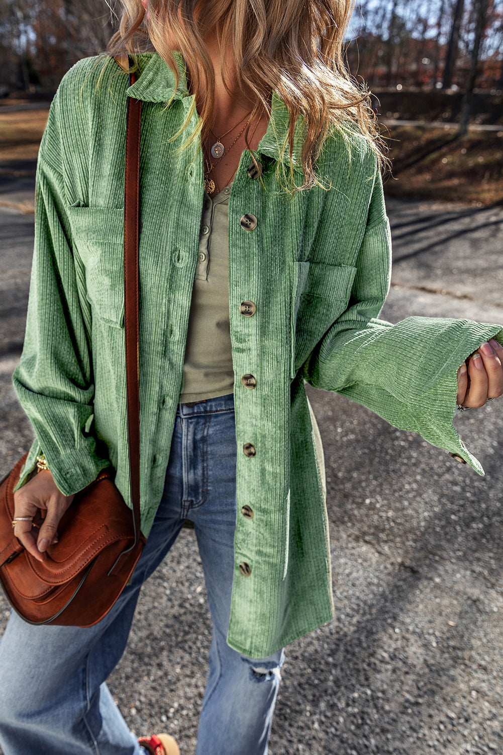 Light French Beige Patched Pocket Button-Up Corduroy Shacket