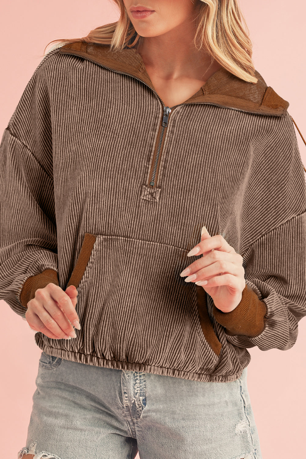 Chestnut Half Zipper Kangaroo Pocket Drawstring Corduroy Hoodie