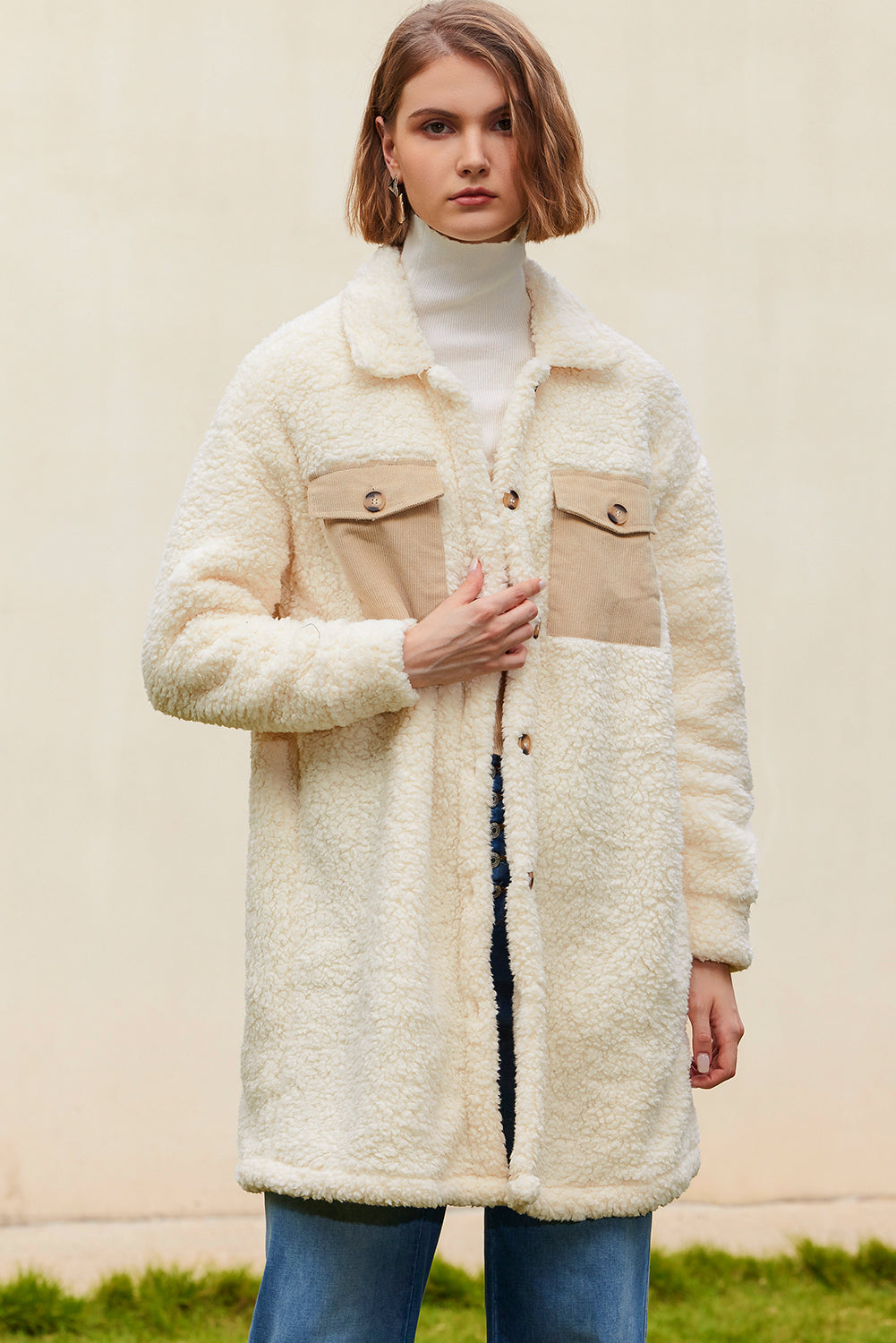 Beige Contrast Flap Pocket Single Breasted Teddy Coat