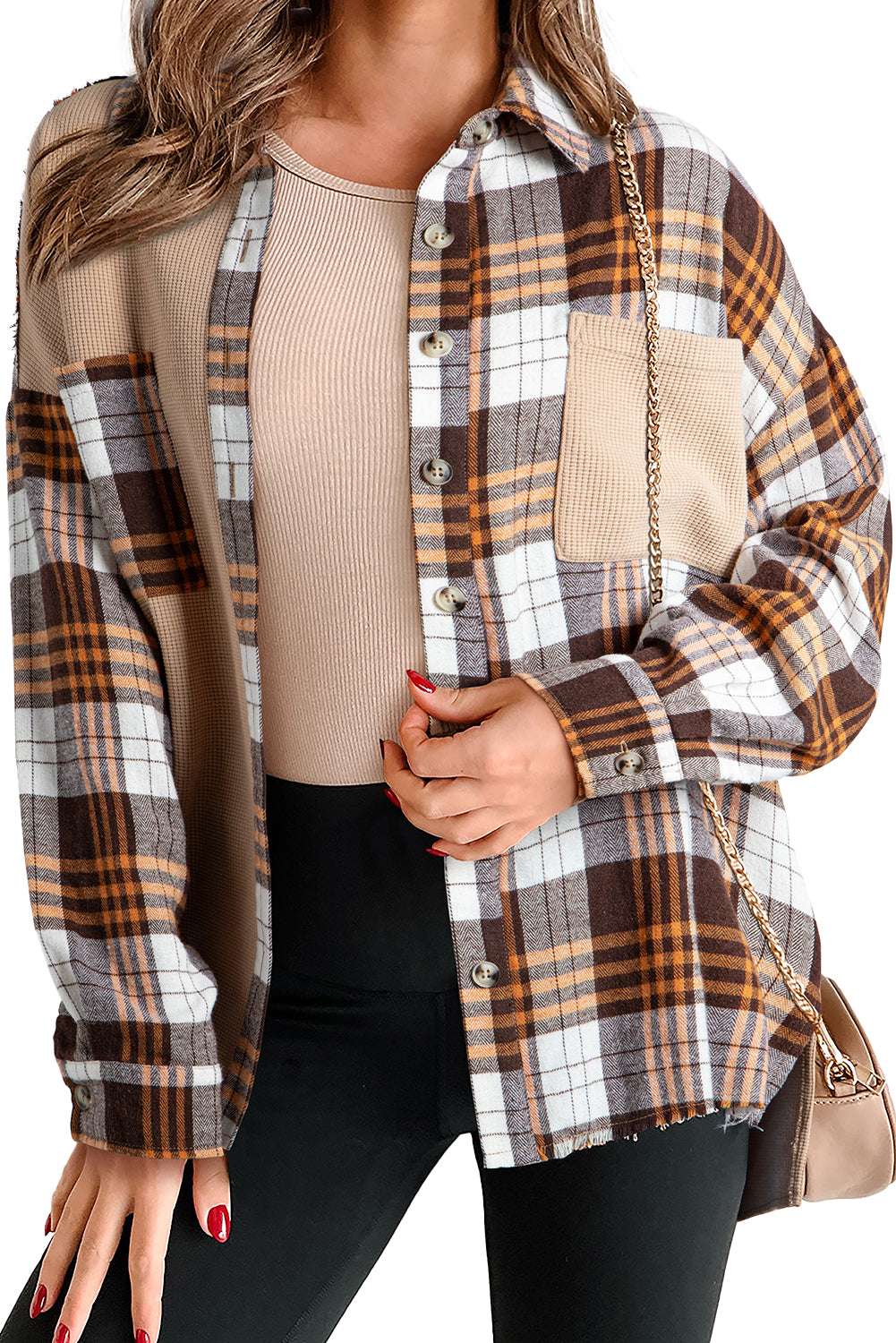 Khaki Plaid Knit Patchwork Chest Pocket Shacket