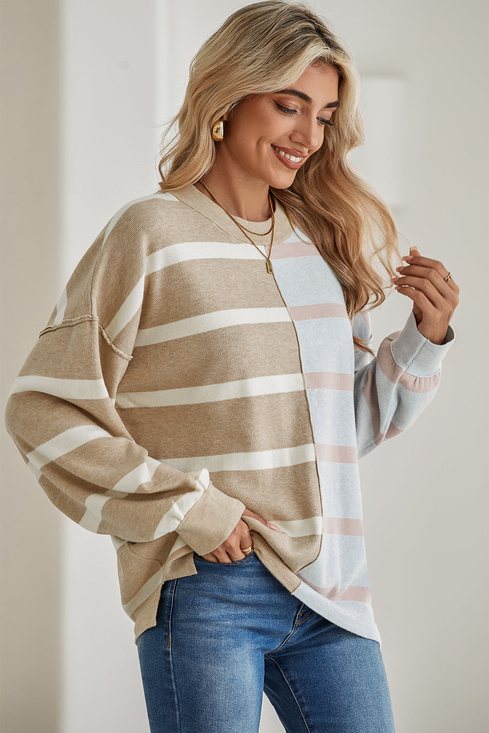 Khaki Stripe Exposed Seam Loose Sweatshirts